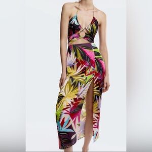 ZARA MULTICOLOURED TROPICAL PRINT CUT OUT DRESS